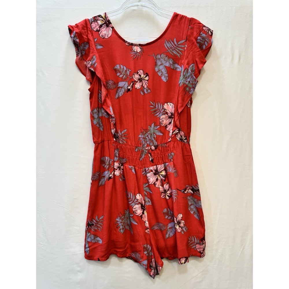 Jolt Women's Sz M Coral Hibiscus Floral Flutter Sleeve Romper Open Back NWT